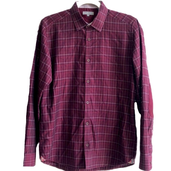 Ted Baker Button Down Shirt Elbows Patch Burgundy Plaid - Picture 1 of 13
